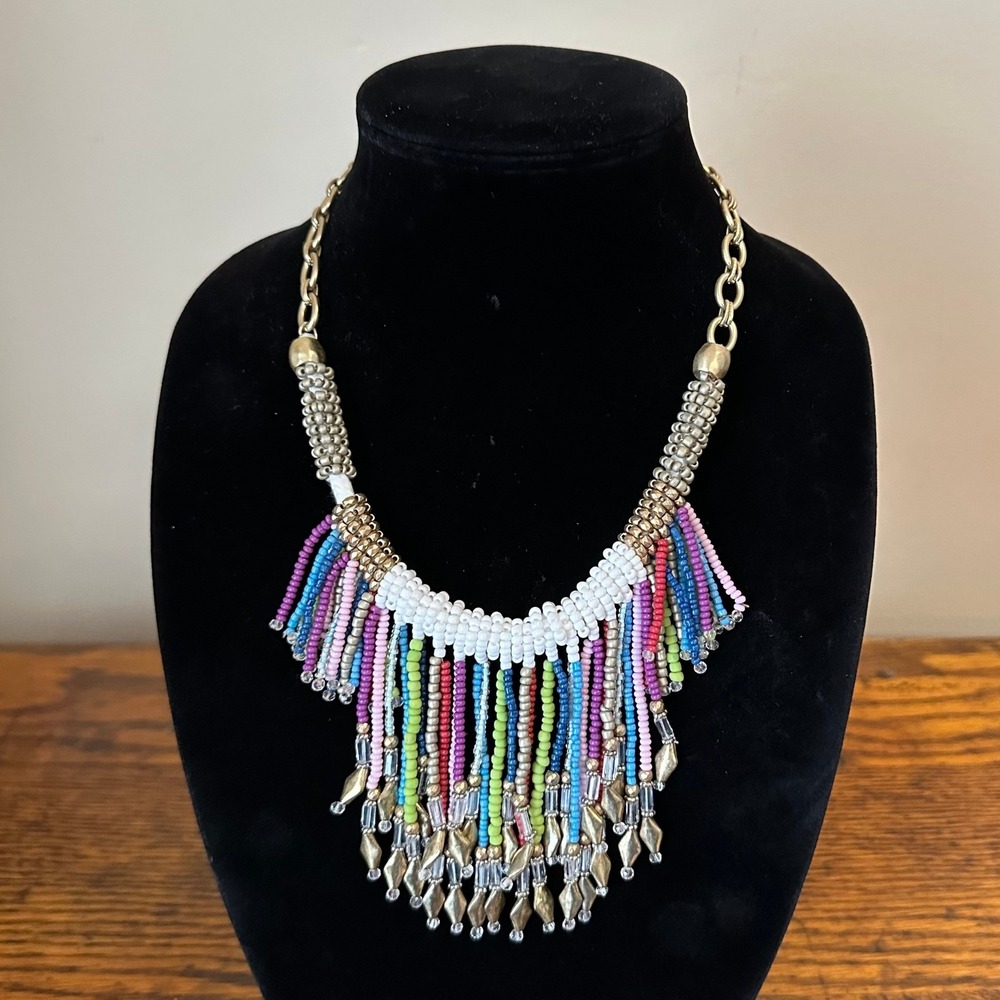 Chicos Multi Color Seed Bead Fringe Bib Statement‎ Necklace Gold Tone 22 Inch